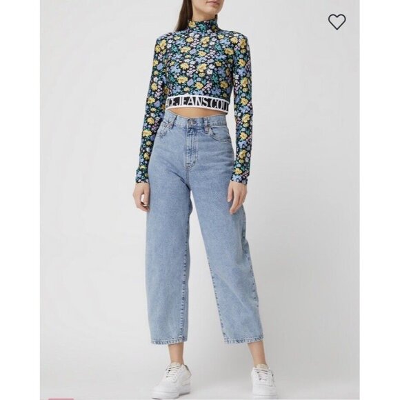 Versace Jeans Couture Long Sleeve Crop Top Hydrangea Blue Floral - Picture 5 of 7